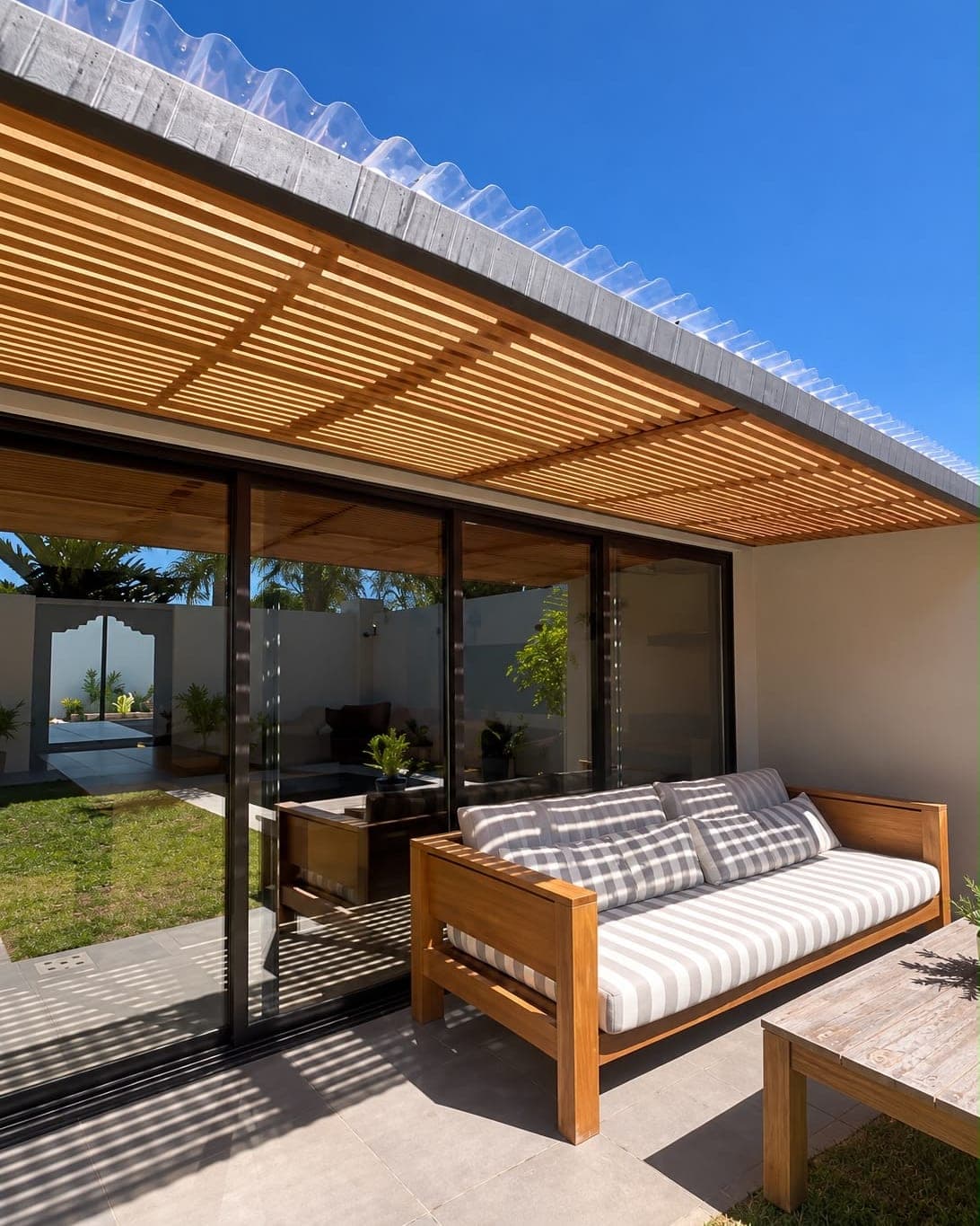 Pérgola de hierro y madera con policarbonato