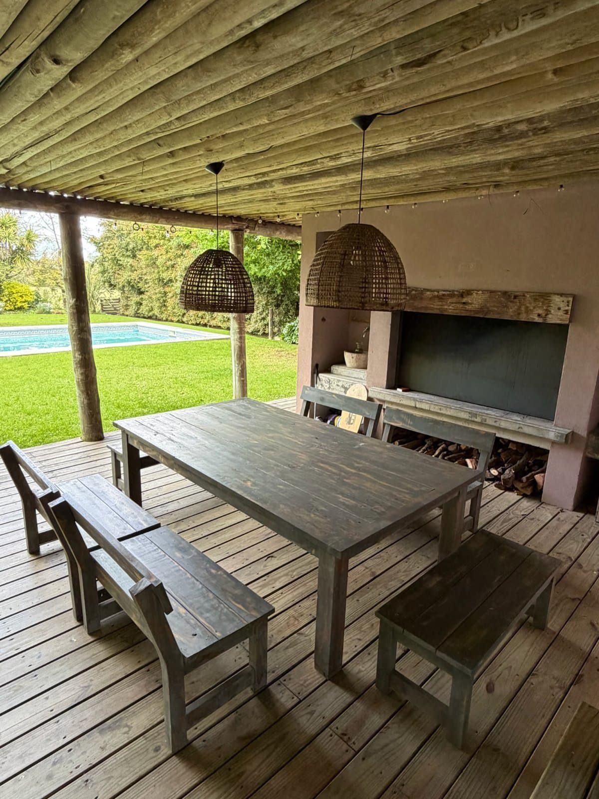 Juego de comedor de exterior (mesa + 6 bancos)