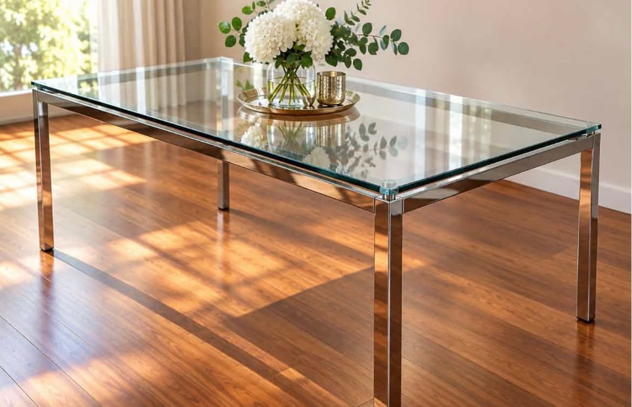 Mesa de comedor de vidrio y acero